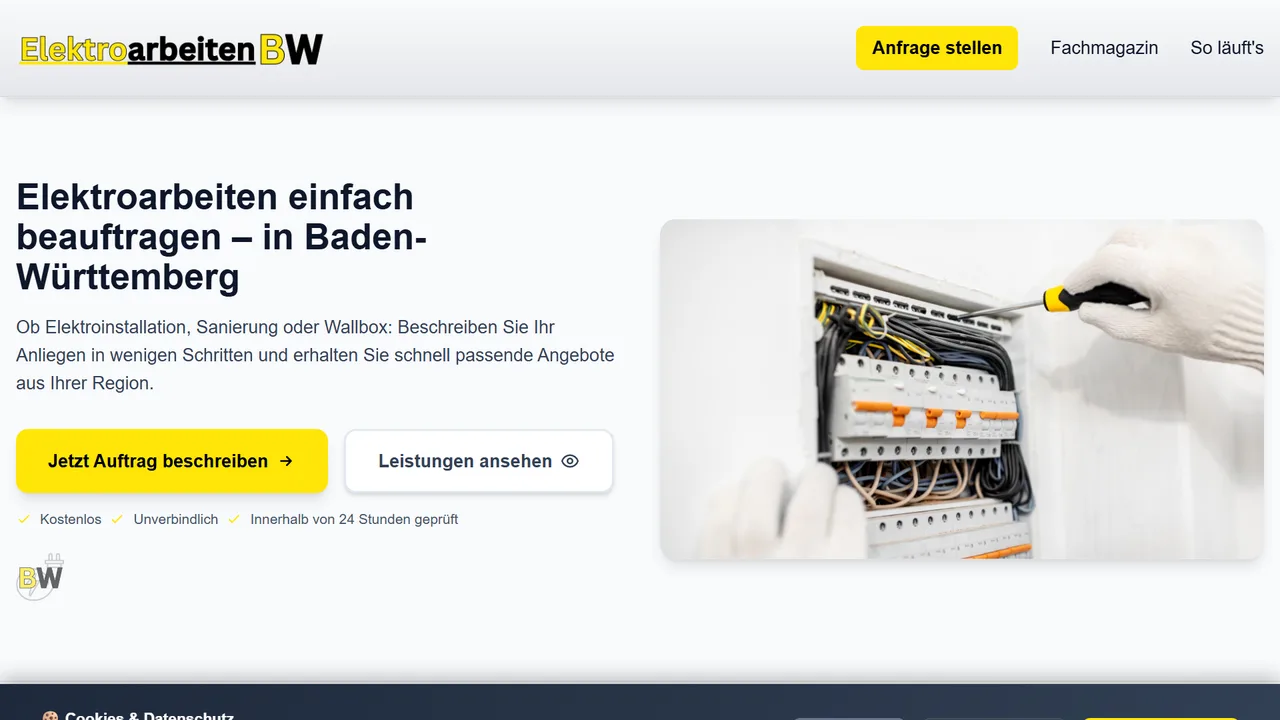 Vorschau des Auftragsvergabe-Portals Elektroarbeiten BW